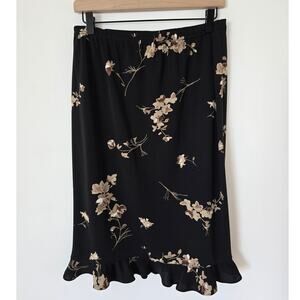 Vintage Erena Black & Beige Floral Midi Skirt Size M Ruffle Hem Slip Style